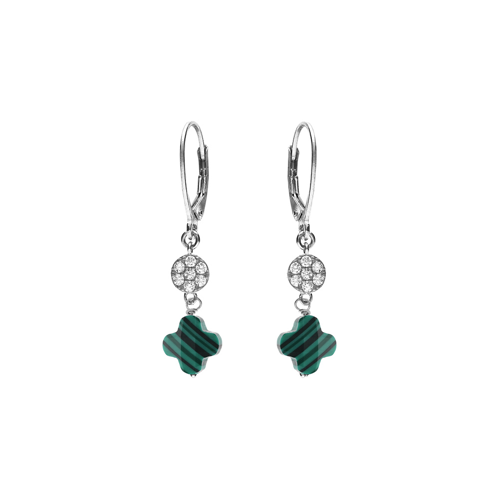 Boucles d\'oreille crochet en argent rhodi� tr�fle en verre vert malachite imitation et fleurs oxydes blancs - Vue 1