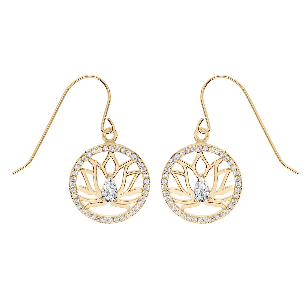 Boucles d\'oreille crochet en vermeil motif  lotus avec contour cercle d\'oxydes blancs sertis - Vue 1