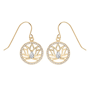 Boucles d'oreille crochet en vermeil motif  lotus avec contour cercle d'oxydes blancs sertis