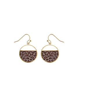 Boucles d\'oreille crochet Stella Mia en acier doré, ronde avec résine léopard - Vue 1