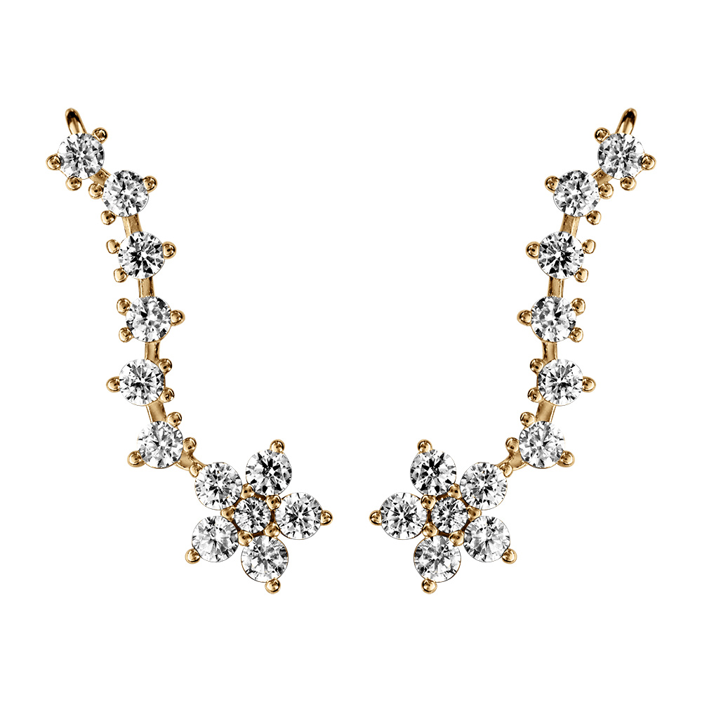 Boucles d\'oreille de lobe en vermeil motif fleur et tige d\'oxydes blancs sertis - Vue 1