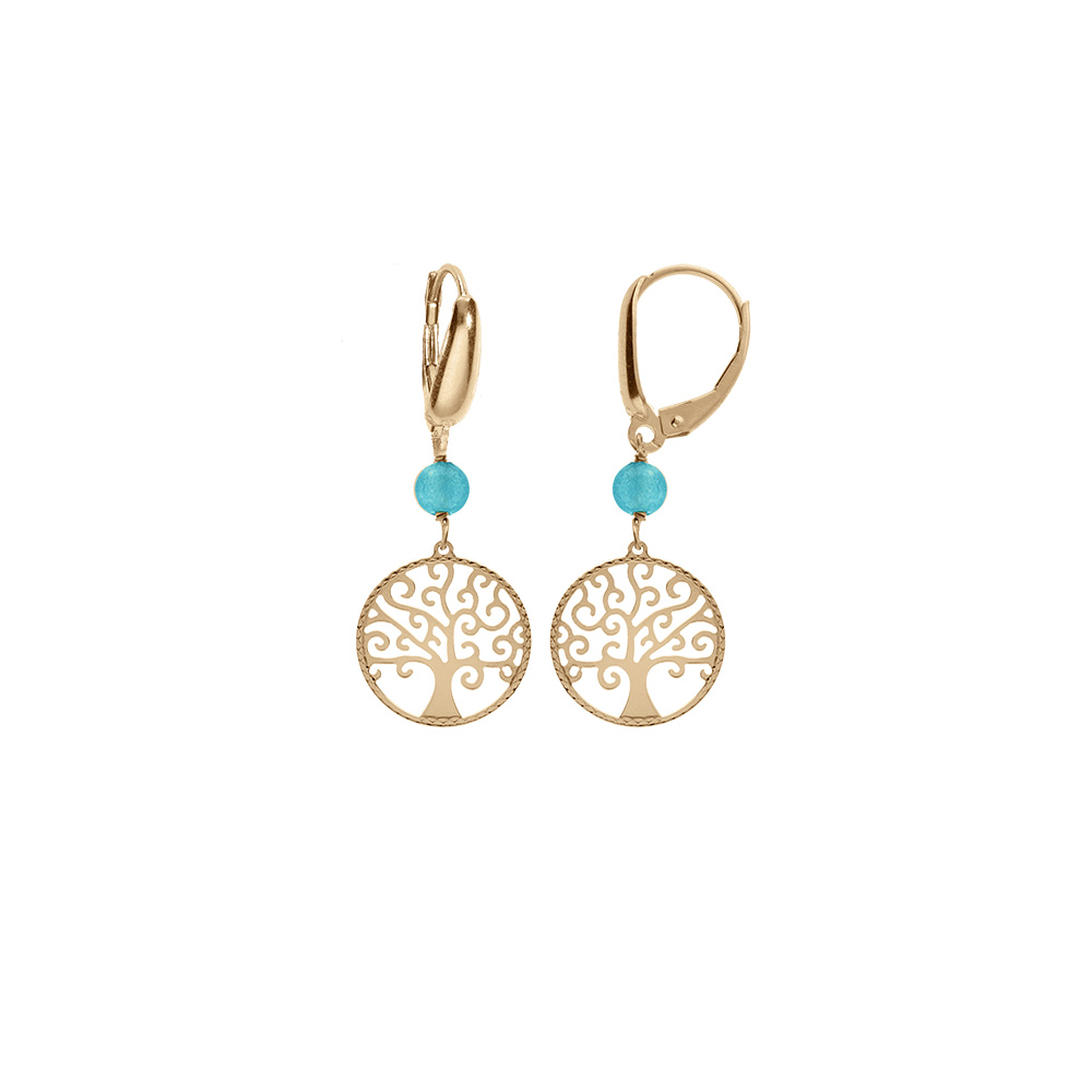 Boucles d\'oreille dormeuse argent dor� jaune arbre de vie 15mm et boule jade vert clair v�ritable - Vue 1