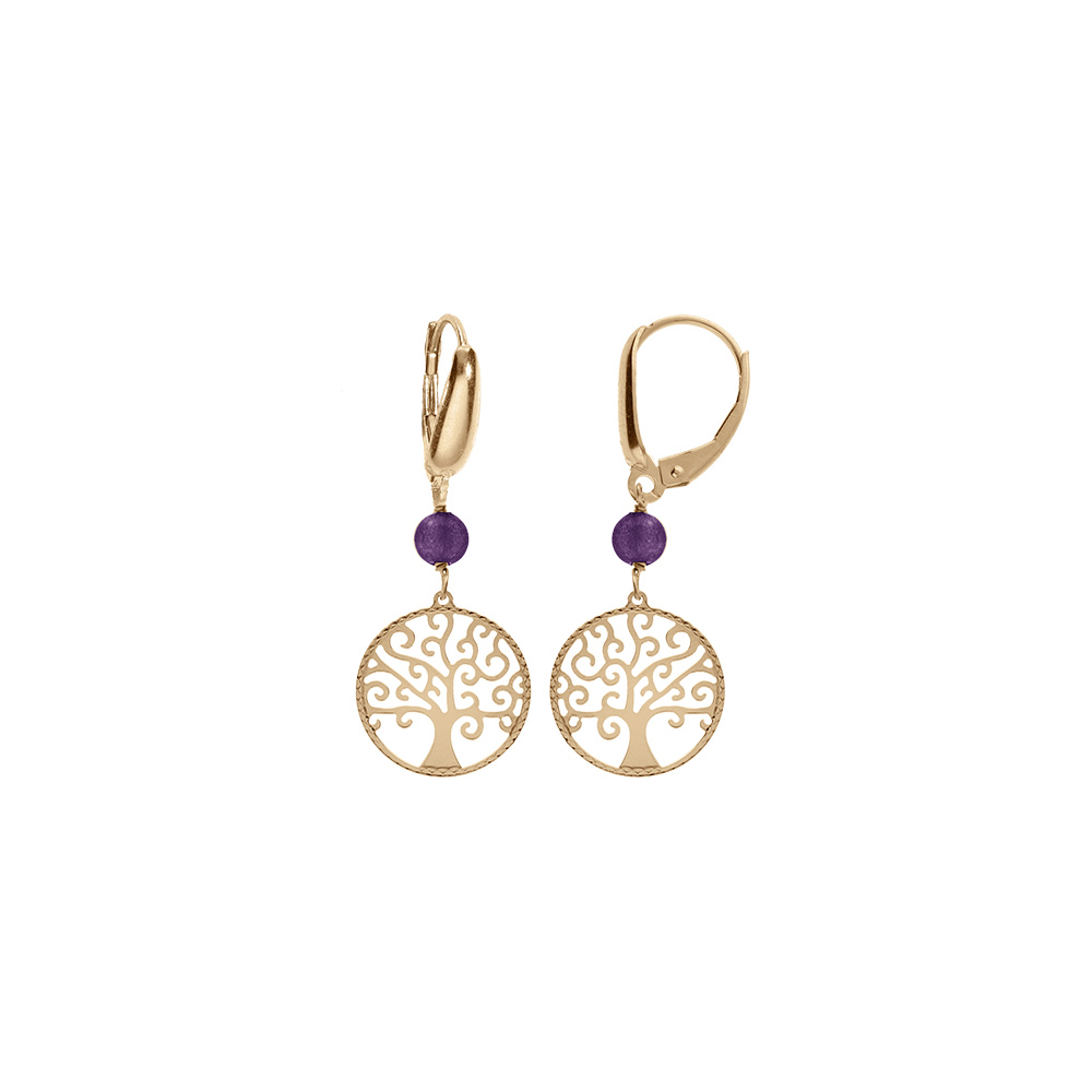 Boucles d\'oreille dormeuse argent dor� jaune arbre de vie 15mm et boule jade violette v�ritable - Vue 1