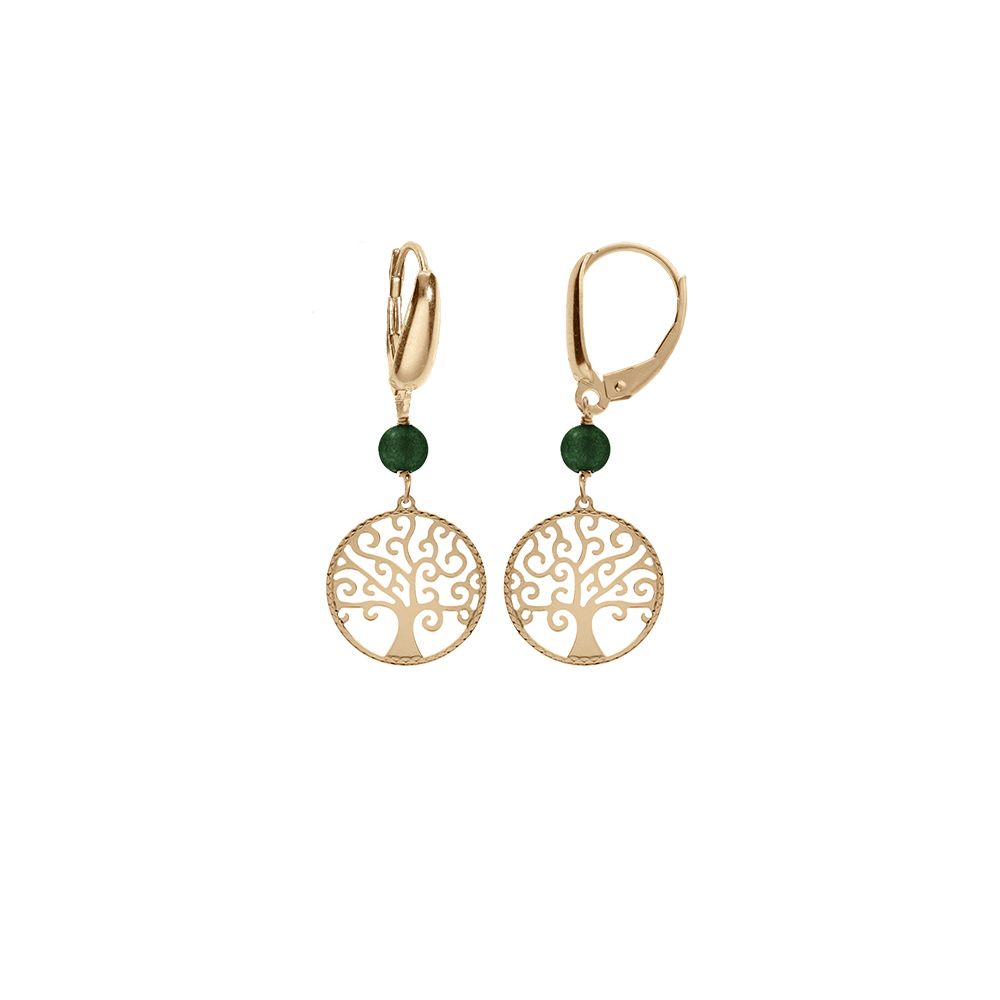 Boucles d\'oreille dormeuse argent dor� jaune arbre de vie 15mm et boule malachite v�ritable - Vue 1