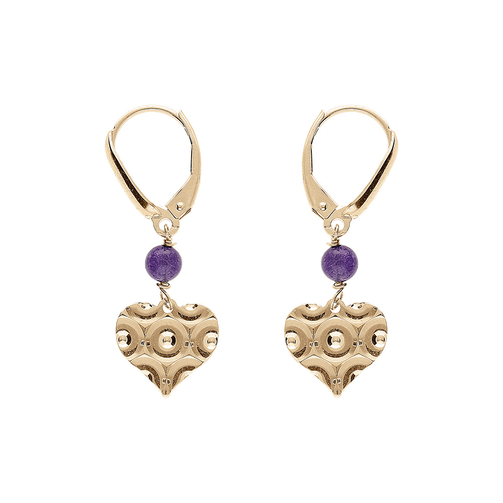Boucles d\'oreille dormeuse argent dor� jaune coeur martel� avec 1 boule jade violette v�ritable - Vue 1