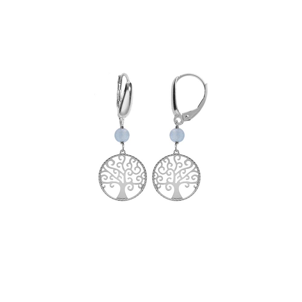 Boucles d\'oreille dormeuse argent rhodi� arbre de vie 15mm et boule jade bleu ciel v�ritable - Vue 1
