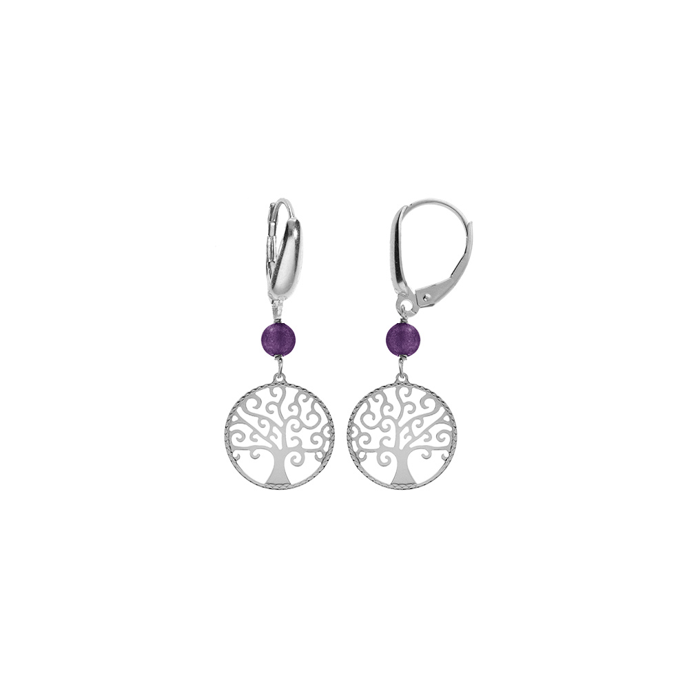 Boucles d\'oreille dormeuse argent rhodi� arbre de vie 15mm et boule jade violette v�ritable - Vue 1