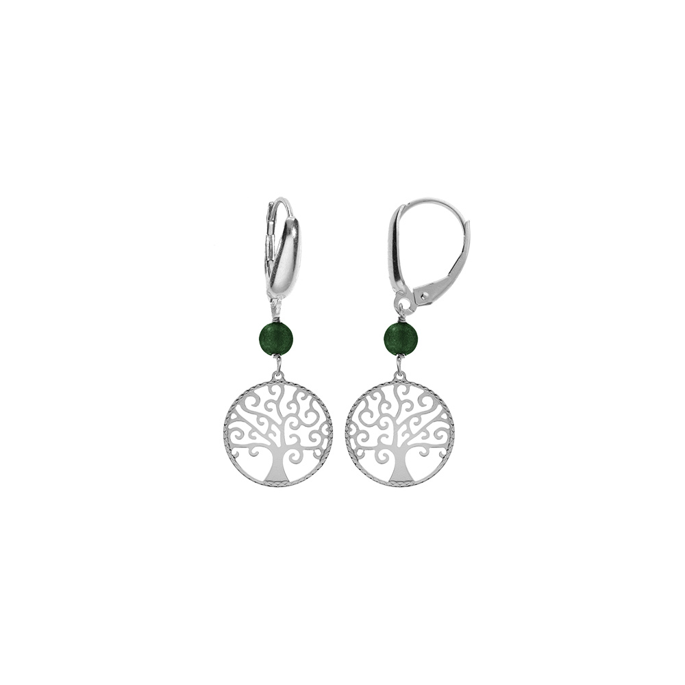 Boucles d\'oreille dormeuse argent rhodi� arbre de vie 15mm et boule malachite v�ritable - Vue 1