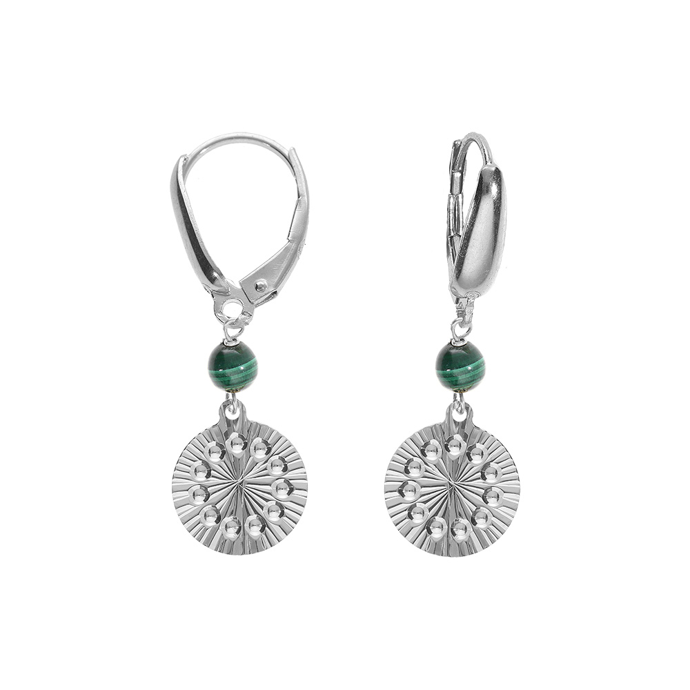 Boucles d\'oreille dormeuse argent rhodi� cercle diamant� avec 1 boule malachite v�ritable - Vue 1