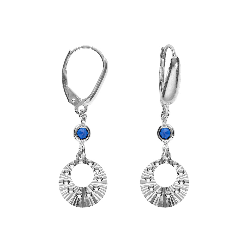 Boucles d\'oreille dormeuse argent rhodi� cercle diamant� et 1 oxyde bleu - Vue 1