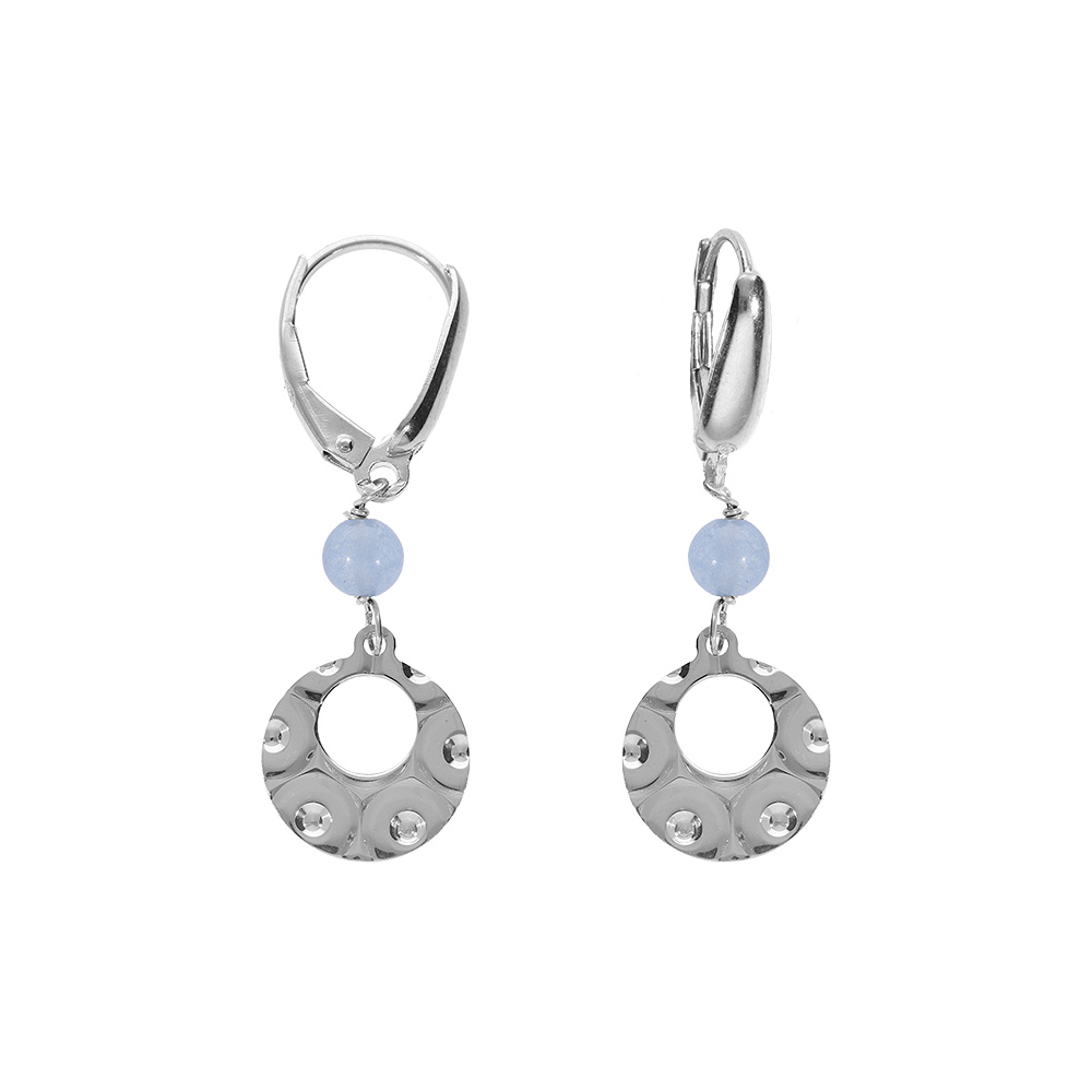Boucles d\'oreille dormeuse argent rhodi� pastille martel� avec 1 boule jade bleu ciel - Vue 1