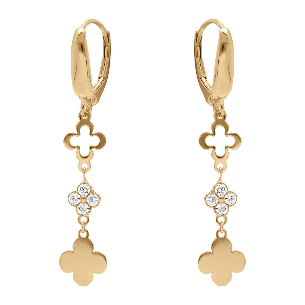 Boucles d\'oreille dormeuse en argent dor� avec pendentifs tr�fles et oxydes blancs sertis - Vue 1