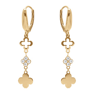 Boucles d'oreille dormeuse en argent dor� avec pendentifs tr�fles et oxydes blancs sertis