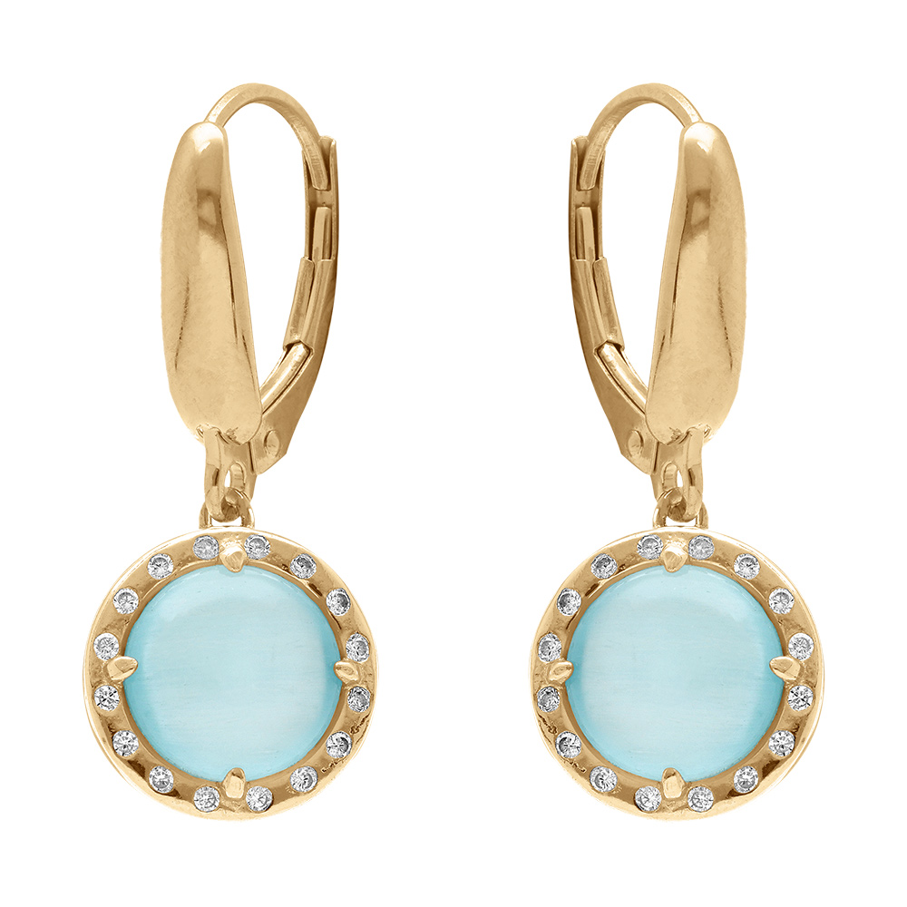 Boucles d\'oreille dormeuse en argent dor� cabochon bleu ciel - Vue 1