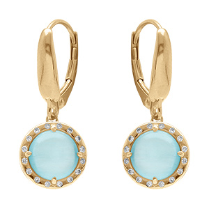 Boucles d'oreille dormeuse en argent dor� cabochon bleu ciel