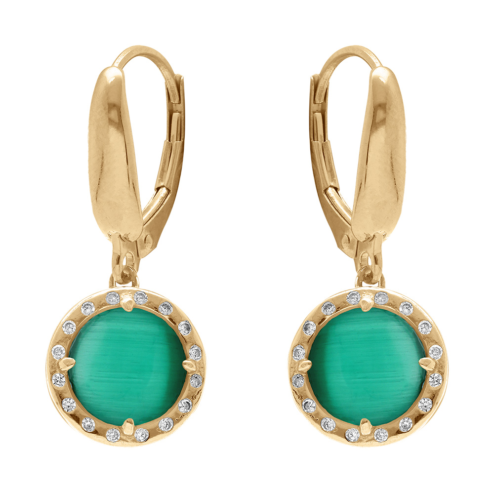 Boucles d\'oreille dormeuse en argent dor� cabochon vert fonc� - Vue 1