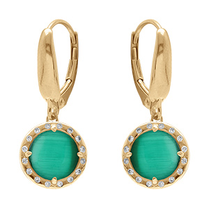 Boucles d'oreille dormeuse en argent dor� cabochon vert fonc�