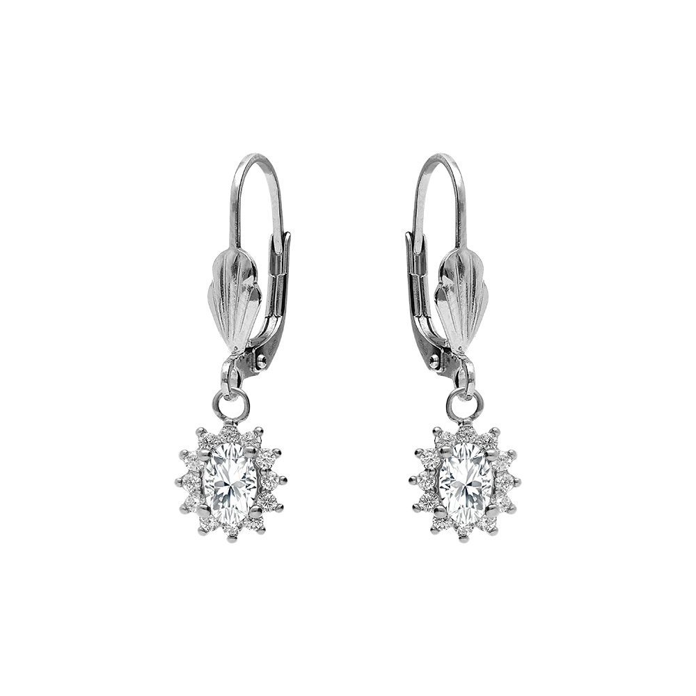 Boucles d\'oreille dormeuse en argent rhodi avec oxyde central blanc entour d\'oxydes blancs 7.5mm x 9.5mm - Vue 1