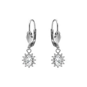 Boucles d\'oreille dormeuse en argent rhodié avec oxyde central blanc entouré d\'oxydes blancs 7.5mm x 9.5mm - Vue 1