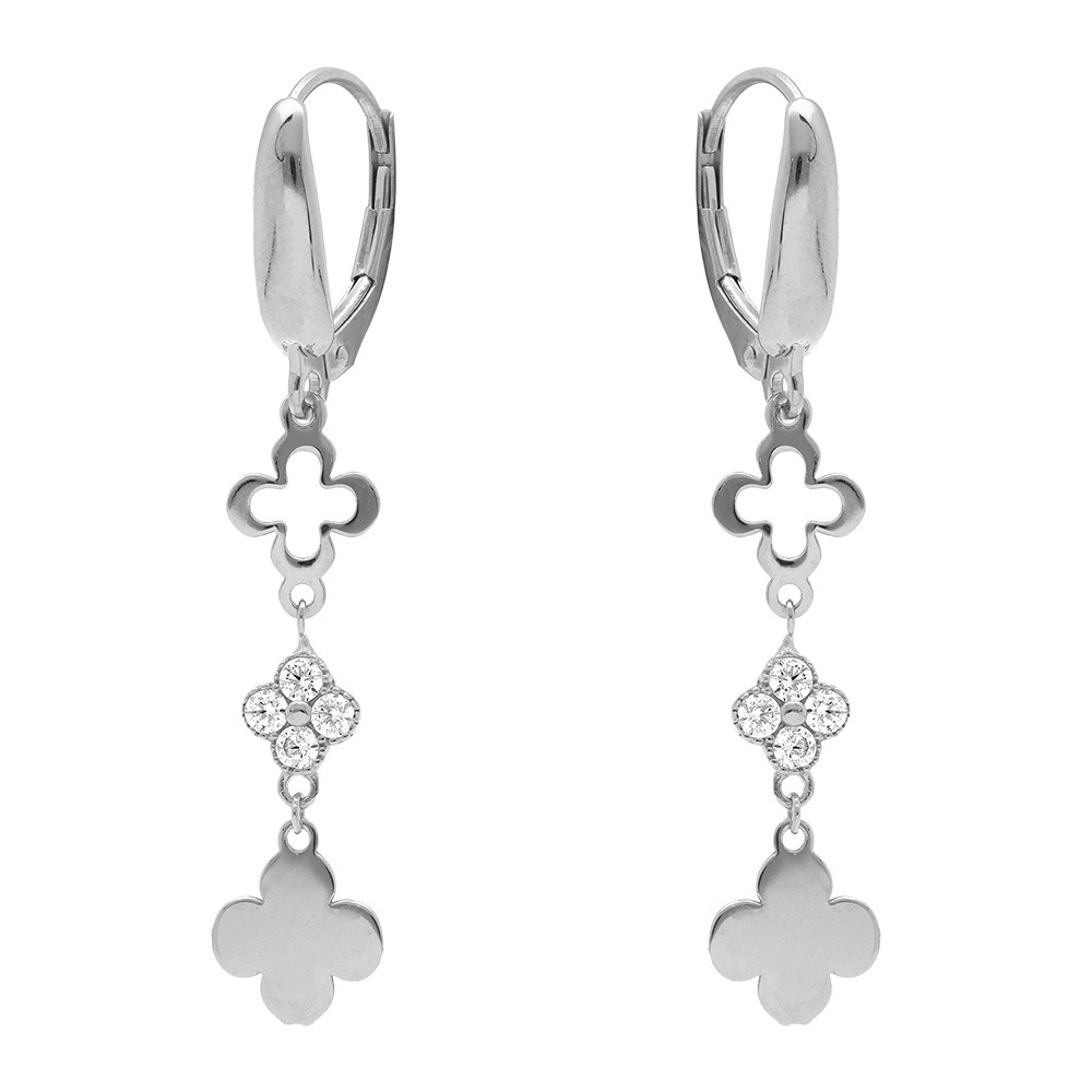 Boucles d\'oreille dormeuse en argent rhodi� avec pendentifs tr�fles et oxydes blancs sertis - Vue 1