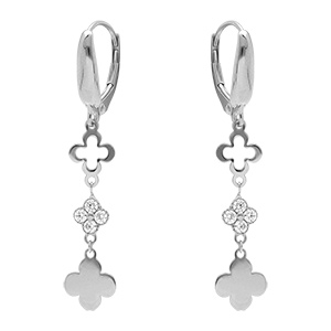 Boucles d'oreille dormeuse en argent rhodi� avec pendentifs tr�fles et oxydes blancs sertis
