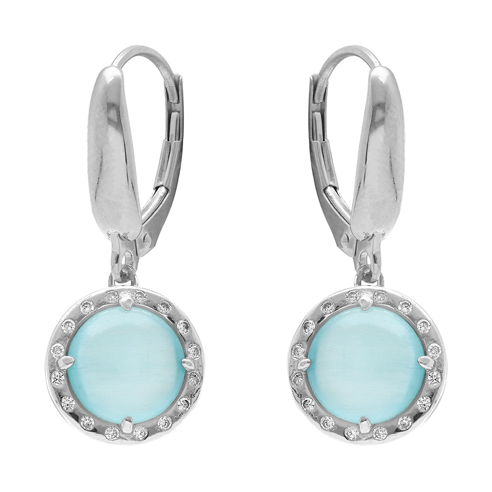 Boucles d\'oreille dormeuse en argent rhodi� cabochon bleu ciel - Vue 1