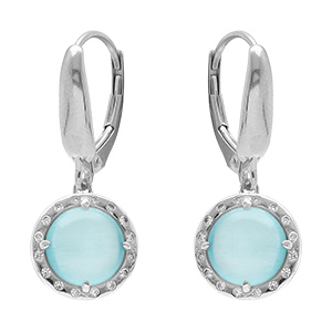 Boucles d'oreille dormeuse en argent rhodi� cabochon bleu ciel