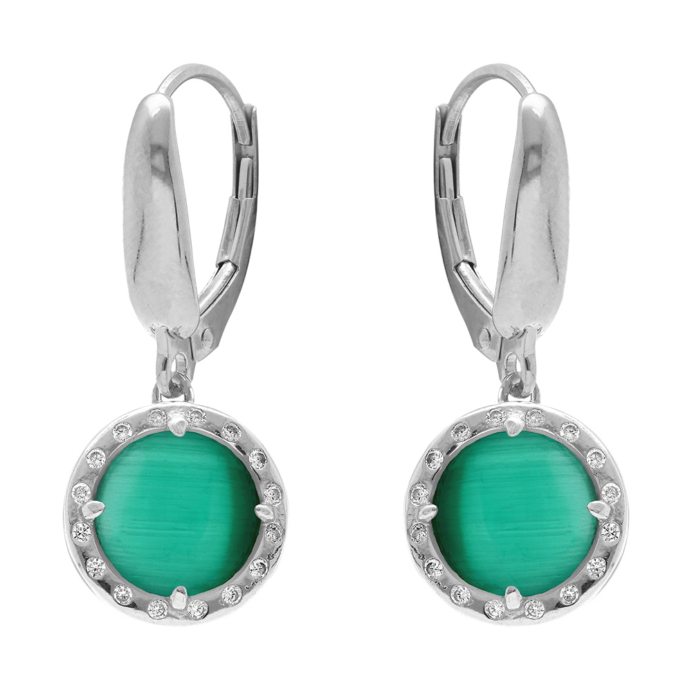 Boucles d\'oreille dormeuse en argent rhodi� cabochon vert fonc� - Vue 1