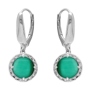 Boucles d'oreille dormeuse en argent rhodi� cabochon vert fonc�