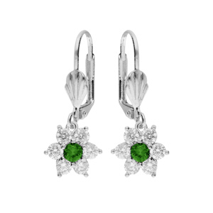 Boucles d\'oreille dormeuse en argent rhodié marguerite oxydes centre vert et contour blancs sertis - Vue 1
