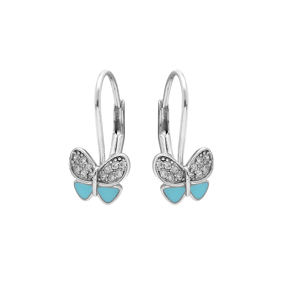 Boucles d\'oreille dormeuse en argent rhodi� motif papillon r�sine bleu ciel et oxydes blancs - Vue 1