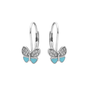 Boucles d\'oreille dormeuse en argent rhodié motif papillon résine bleu ciel et oxydes blancs - Vue 1
