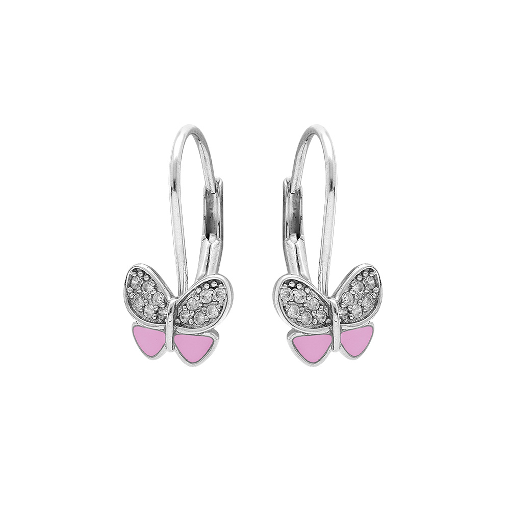Boucles d\'oreille dormeuse en argent rhodi� motif papillon r�sine rose et oxydes blancs - Vue 1
