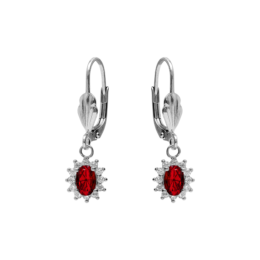 Boucles d\'oreille dormeuse en argent rhodi� oxyde central rouge entour� d\'oxydes blancs 7.5mm x 9.5mm - Vue 1