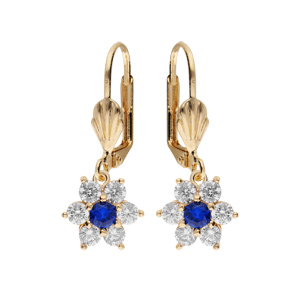 Boucles d\'oreille dormeuse en plaqué or marguerite oxydes centre bleu foncé et contour blancs sertis - Vue 1