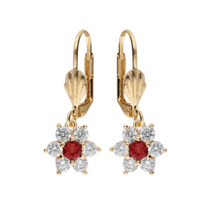 Boucles d\'oreille dormeuse en plaqué or marguerite oxydes centre rouge foncé et contour blancs sertis - Vue 1