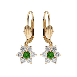 Boucles d\'oreille dormeuse en plaqué or marguerite oxydes centre vert foncé et contour blancs sertis - Vue 1