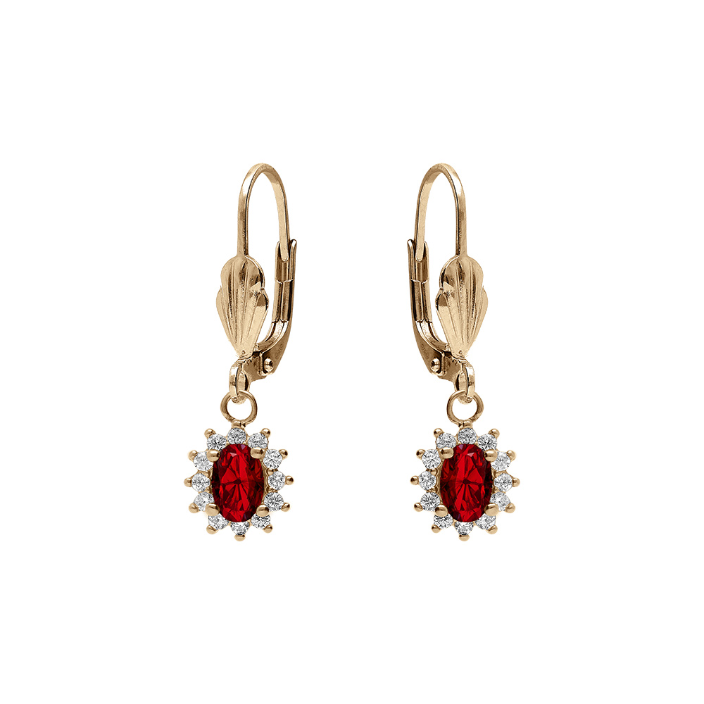 Boucles d\'oreille dormeuse en plaqu� or oxyde central rouge fonc� entour� d\'oxydes blancs 7.5mm x 9.5mm - Vue 1