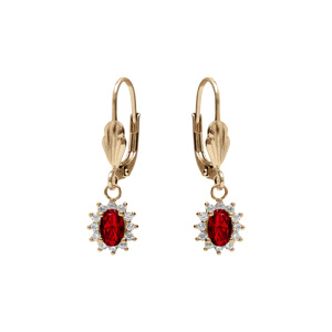 Boucles d\'oreille dormeuse en plaqué or oxyde central rouge foncé entouré d\'oxydes blancs 7.5mm x 9.5mm - Vue 1