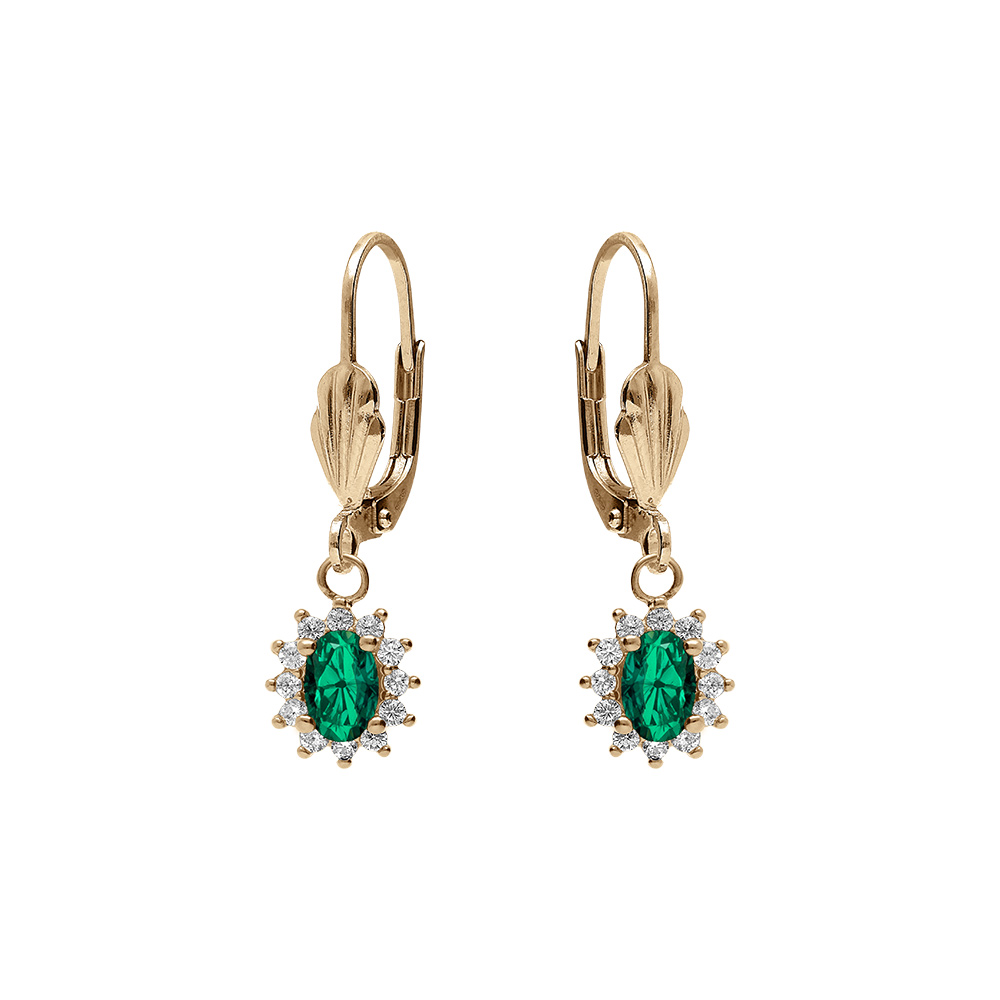 Boucles d\'oreille dormeuse en plaqu� or oxyde central vert entour� d\'oxydes blancs 7.5mm x 9.5mm - Vue 1