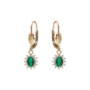 Boucles d\'oreille dormeuse en plaqué or oxyde central vert entouré d\'oxydes blancs 7.5mm x 9.5mm - Vue 1