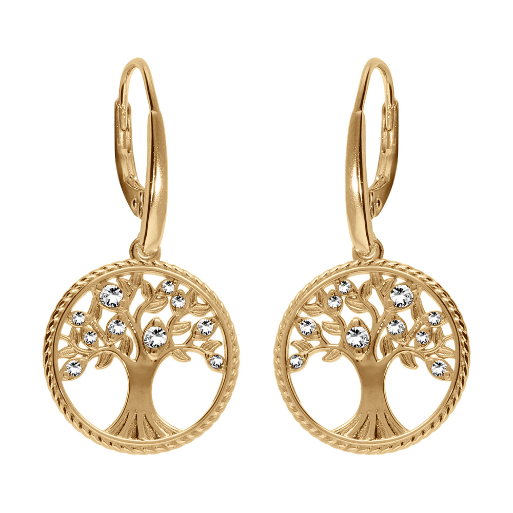Boucles d\'oreille dormeuse en vermeil arbre de vie contour perl� avec oxydes blancs - Vue 1