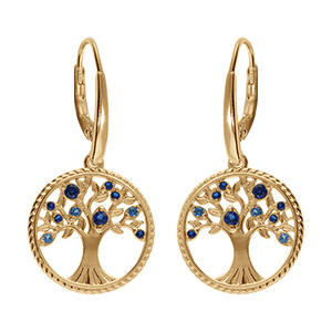 Boucles d'oreille dormeuse en vermeil arbre de vie contour perl� avec oxydes d�grad� bleu