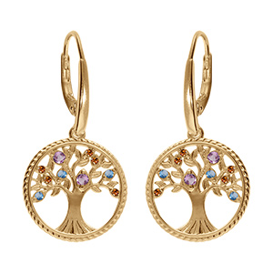 Boucles d'oreille dormeuse en vermeil arbre de vie contour perl� avec oxydes multi couleurs