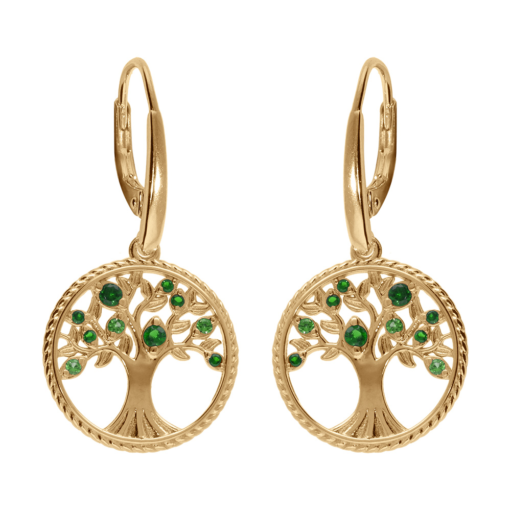 Boucles d\'oreille dormeuse en vermeil arbre de vie contour perl� avec oxydes verts - Vue 1