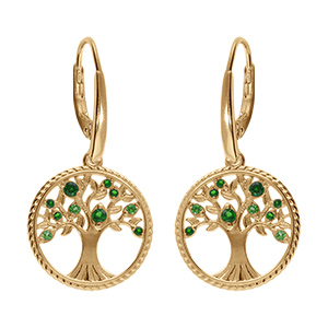Boucles d'oreille dormeuse en vermeil arbre de vie contour perl� avec oxydes verts