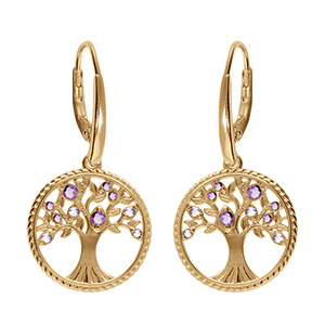 Boucles d'oreille dormeuse en vermeil arbre de vie contour perl� avec oxydes violets