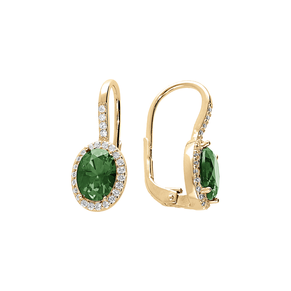 Boucles d\'oreille dormeuse en vermeil avec une pierre centrale verte et son contour d\'oxydes blancs sertis - Vue 1