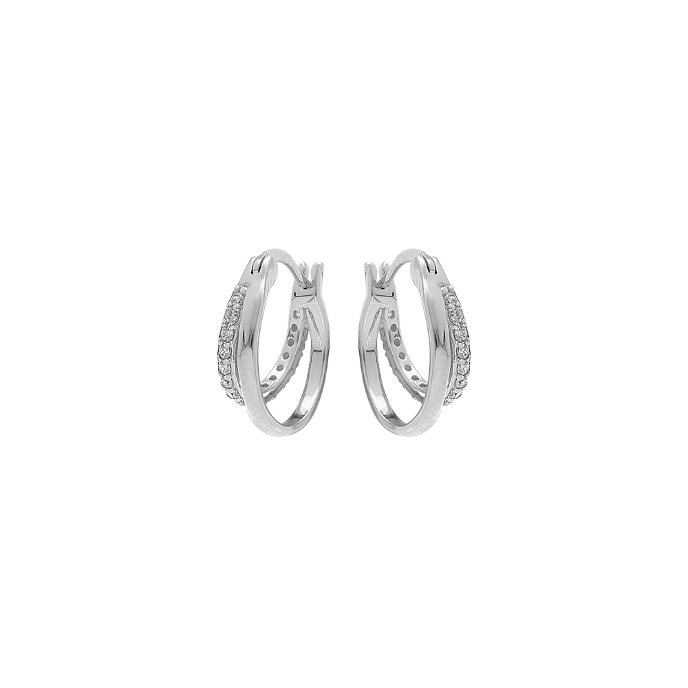 Boucles d\'oreille double anneau en argent rhodi� dont un d�cor� d\'oxydes blancs - Vue 1