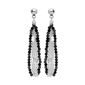 Boucles d\'oreille en acier chanette et pierres noires et fermoir poussette - Vue 1